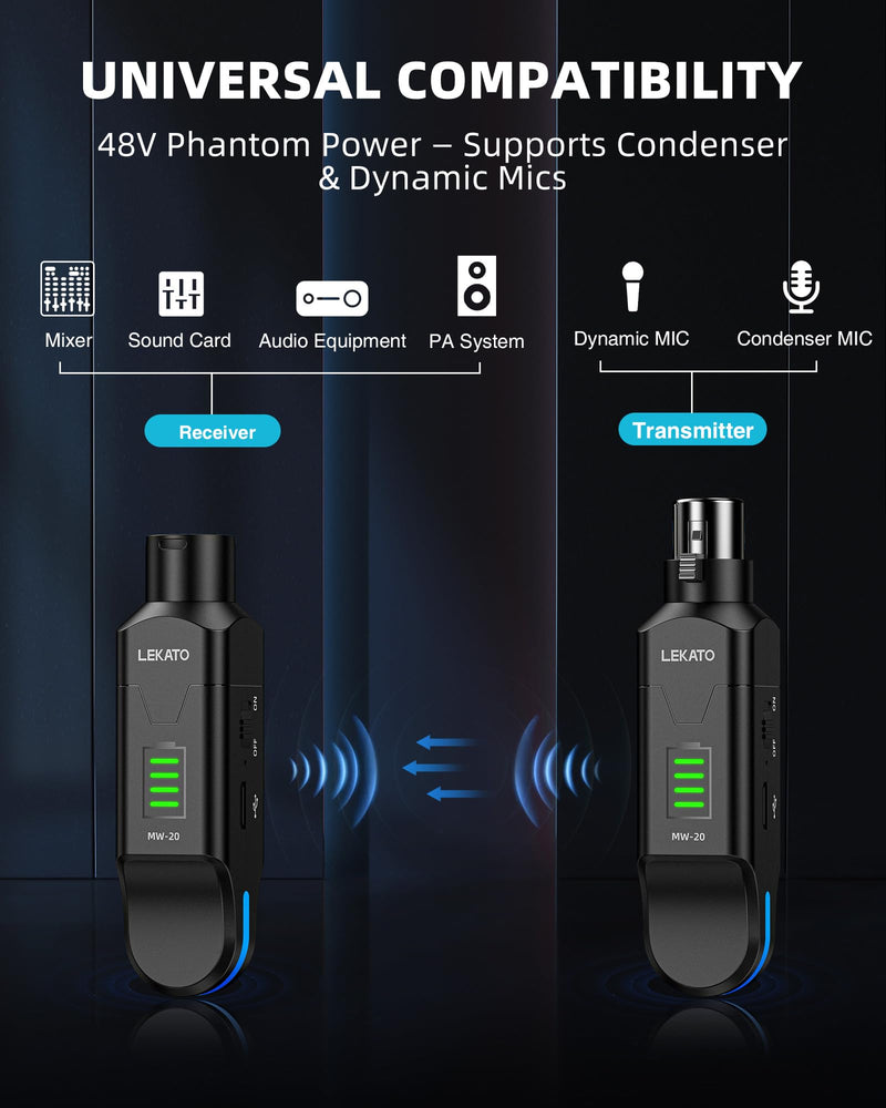 LEKATO Wireless Microphone System 2.4GHz, 48V Phantom Power for Condenser Mic, Wireless XLR Transmitter Receiver High-Resolution for Dynamic Mic, PA System, Audio Mixer(MW-20)