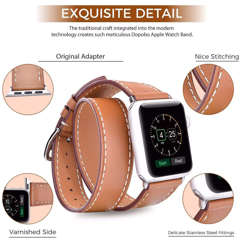 Speidel 38mm Luxury Brown Genuine Leather Double Tour Band With Stainless Steel Adapters and Buckle compatible for use with the Apple watch series 1,2,3,4,5 and 6