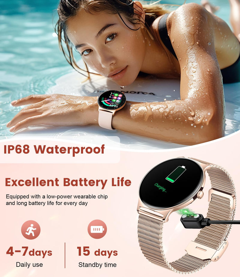 LIGE Smart Watch for Women(Dial/Answer Calls), 1.43" AMOLED HD Display, 100+ Sport Mode Fitness Tracker, IP68 Waterproof/Sleep Smartwatch Womens, Ladies Smart Watches for iOS Android Gold