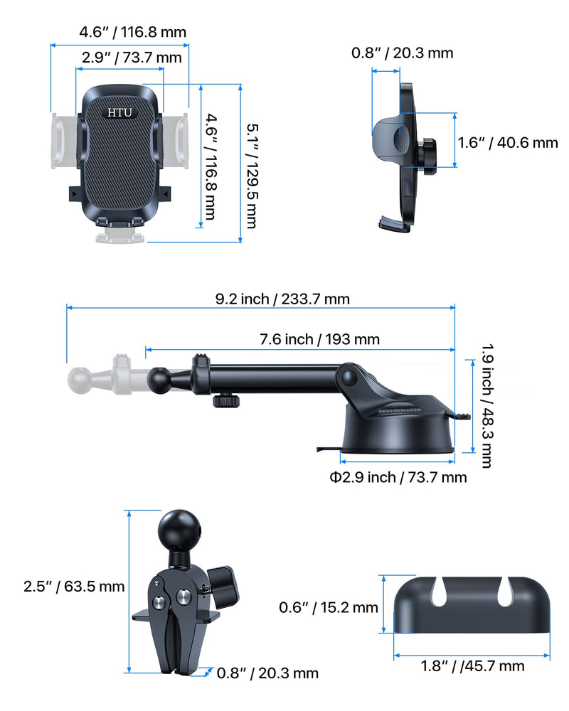 HTU Ultimate Best【Military-Grade & Safety Cert】 Universal Car Phone Holder | Cell Phone Car Mount Truck Car Mount for Dashboard Windshield Air Vent for iPhone 17 16 Pro Max, Samsung, 2pcs, Black