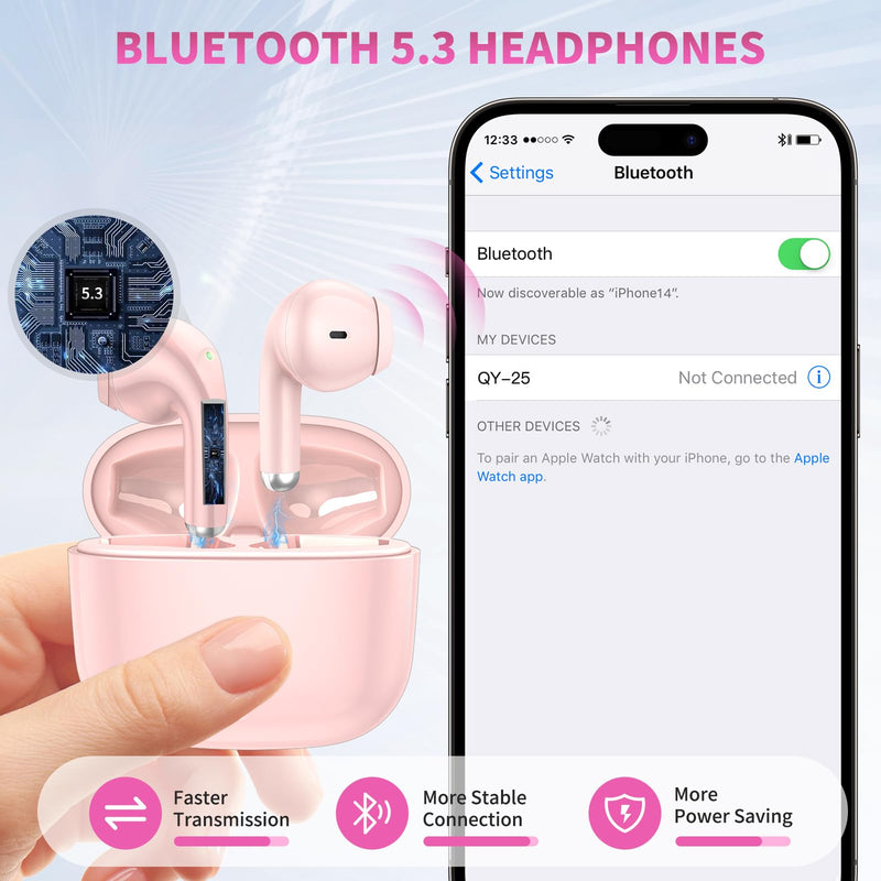 ACAGET Pink Wireless Headphones for iPhone 15 Pro Max 14 13 12 11 & Pocket Size Lightweight Bluetooth 5.3 Wireless Headphone with HD Mic Noise Canceling Android Earphones for Sumsung Galaxy Google