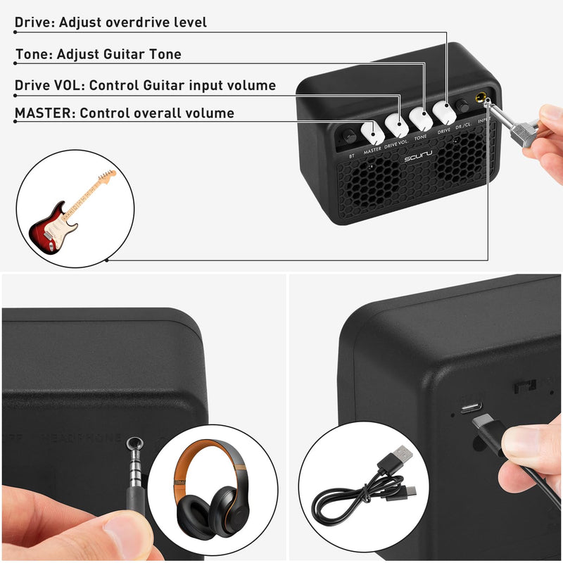 Caline Guitar Mini Amp, 5W Rechargeable Bluetooth Guitar Amplifer Combo for Desktop Practice, Dual Channel,with Headphone Jack, Black