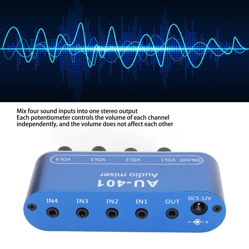 [AUSTRALIA] - Mini Audio Mixer, 4 Channel Line Mixer with 3.5mm Stereo Jack, 4 Input 1 Stereo Output & Volume Adjustment, DC 5V-12V Stereo Mixer for PC, Phone, Laptop, Headphone, Small Clubs or Bars 