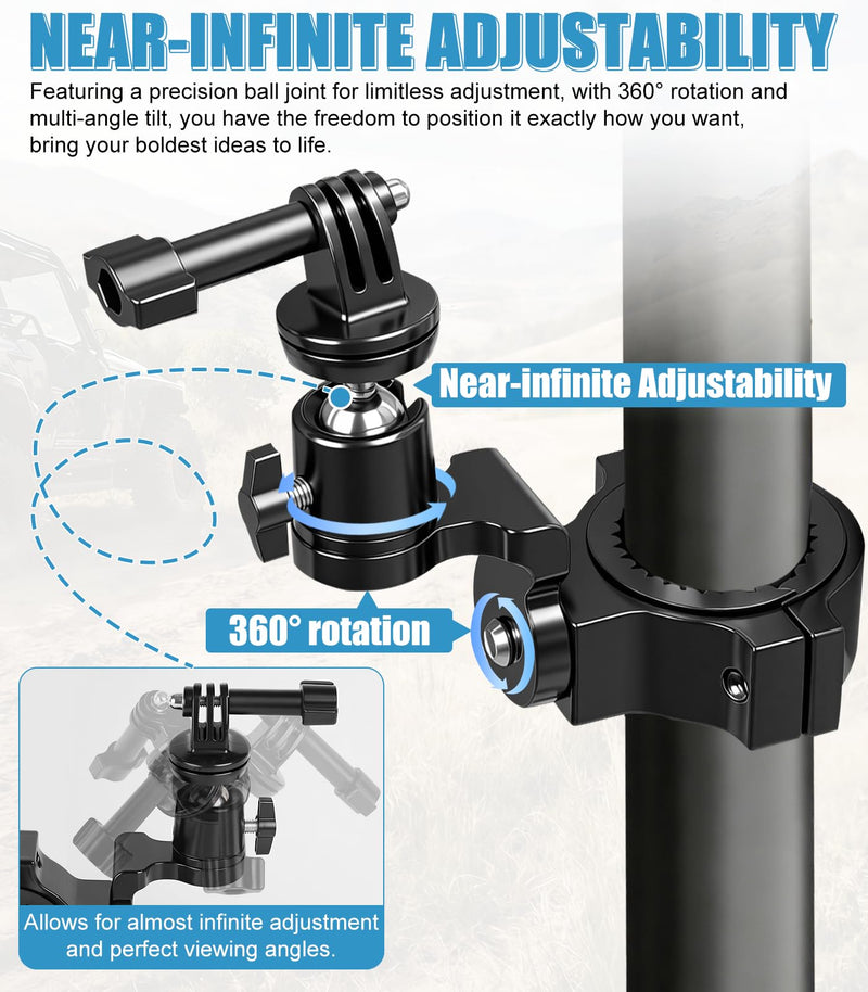 [AUSTRALIA] - UTV Aluminum Action Camera Clamp Mount Holder Fits for GoPro Hero 13 12 11 10 9 8 7 6 5 4 3 DJI Osmo Arlo Akaso EK7000 Insta360 Cams, 1-2" Roll Bar Clamps for SXS Polaris Ranger Can-Am CF Moto 