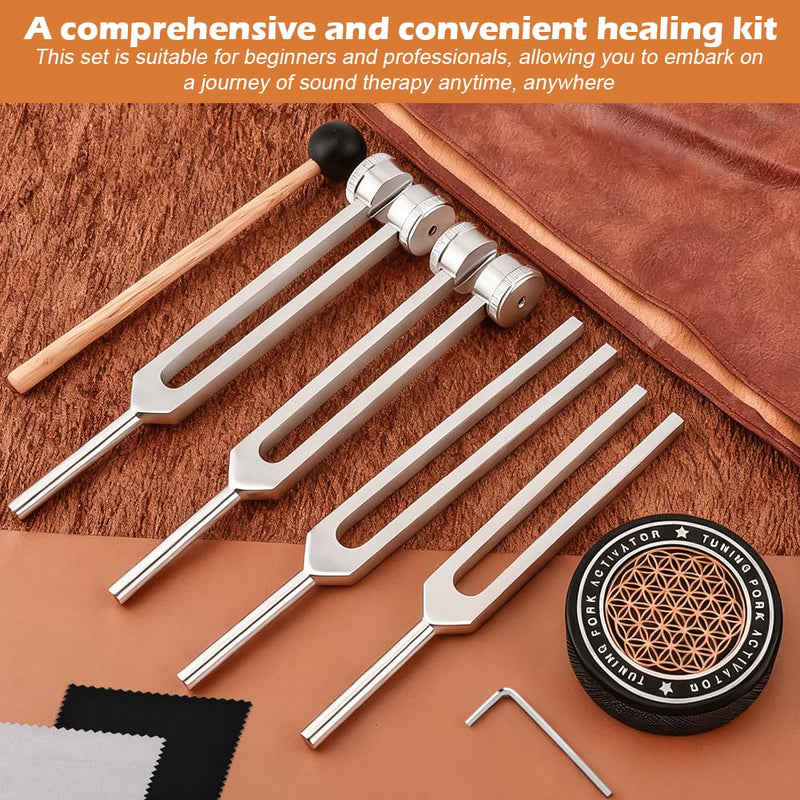 Tuning Forks for Healing Set,‌ Complete Healing Sound Set - 4-Tuning Forks (128Hz, 136.1Hz, 256Hz, 384Hz) + Accessories for Meditation, Yoga & Stress Relief‌