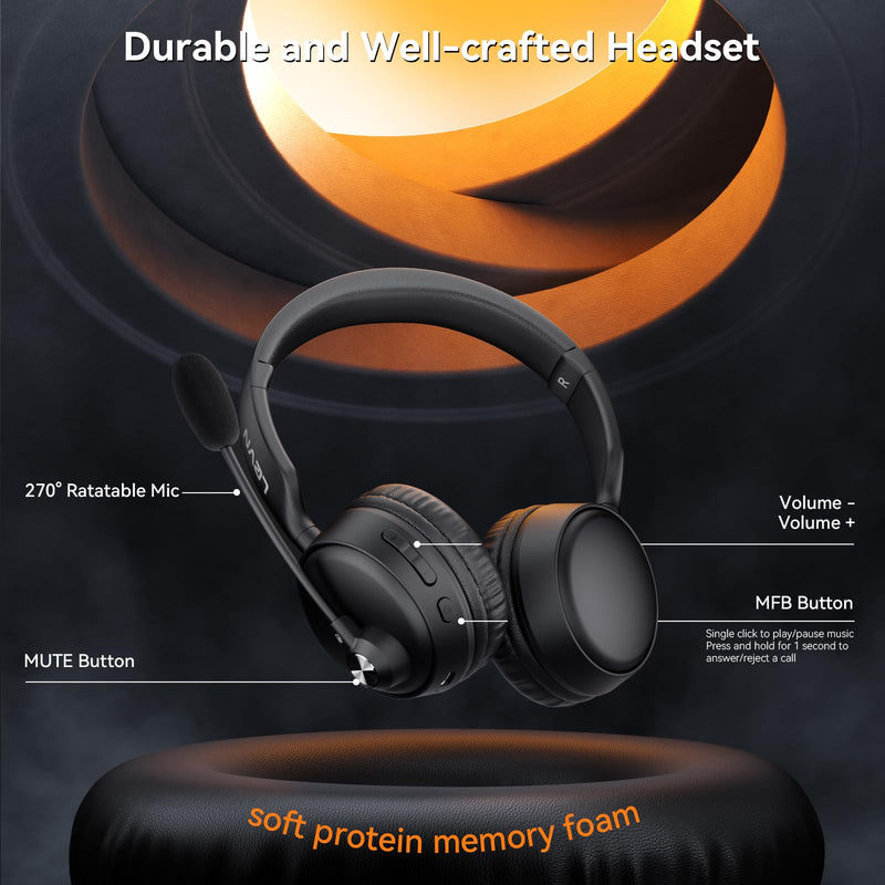 [AUSTRALIA] - LEVN Bluetooth Headset with Microphone, 60 Hrs Working Time Dual Connection Bluetooth Headphones with Mic, Wireless Headset with Mic for Work/Video Meetings/Phone/Call Center/PC/Music/Zoom/Teams 