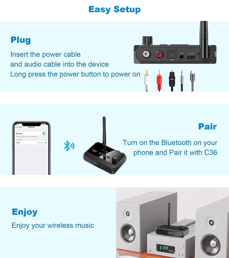 Bluetooth 5.3 Receiver for Home Stereo, Low Latency & HD Music Audio Bluetooth to RCA Adapter for Stereo/Speakers/Wired Speakers/Home Music Streaming Stereo System, Support Optical AUX 3.5mm