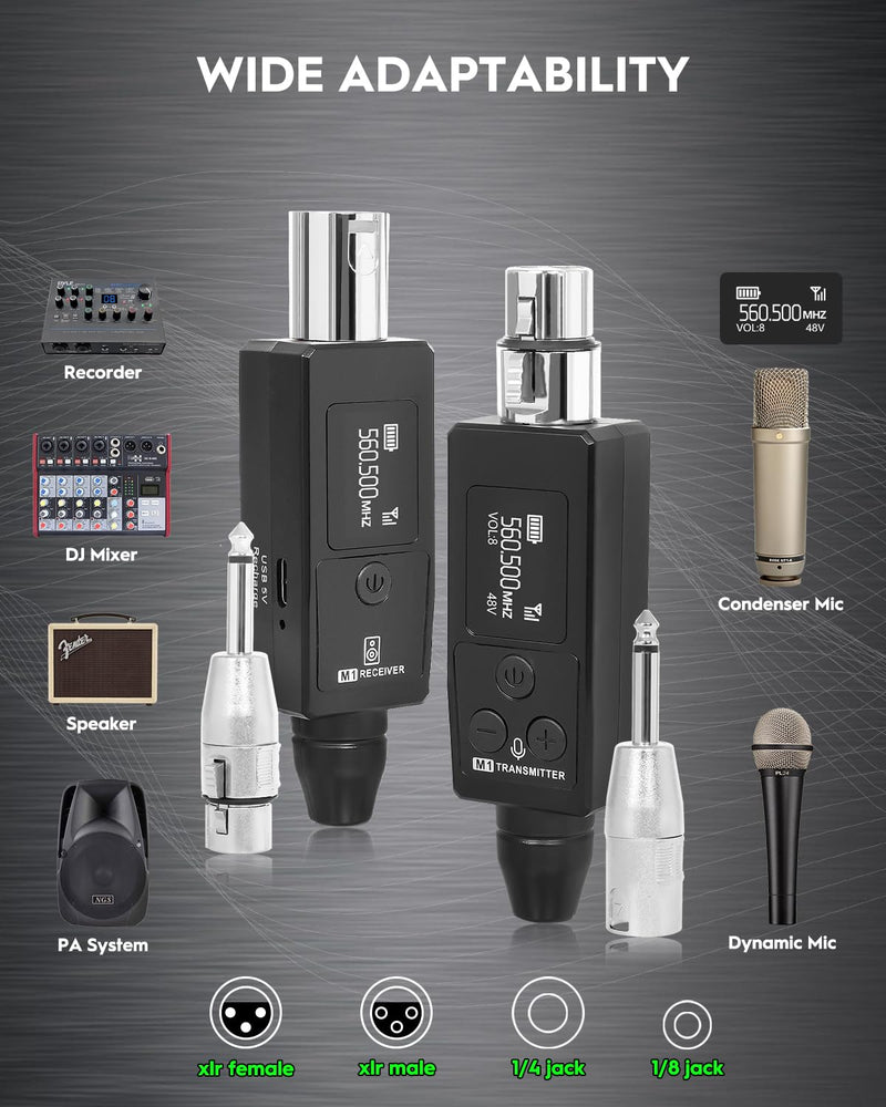 STRICH Wireless Microphone XLR Transmitter and Receiver, UHF Wireless Microphone System Plug-on, Wireless Mic Adapter with 48V Phantom Power for Dynamic Mic, Condenser Mic, Audio Mixer, PA System, M1