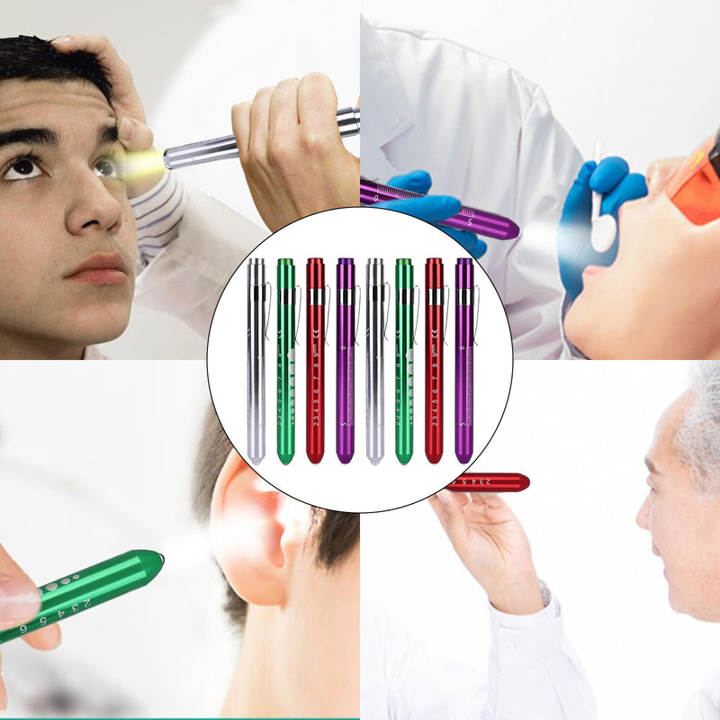 Leikurvo LED Pen Lamp for Doctors: Pack of 8 Aluminium Medical Penlight, Diagnostic Function, for Nurses and Emergency Services (Red, Purple, Green, Silver)