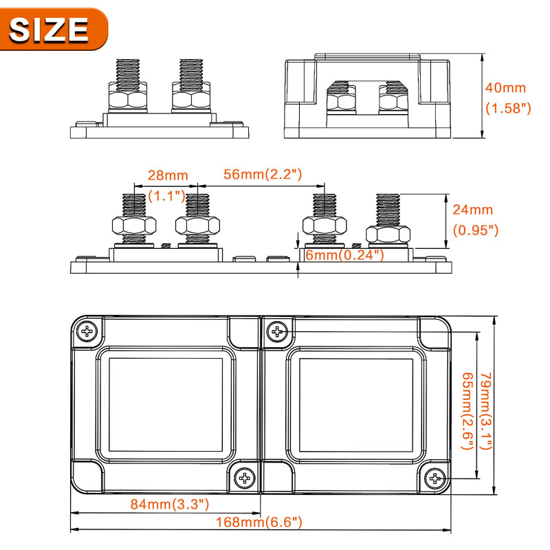 Heavy Duty 400A 12-48V Tin-Plated Copper Block Bus Bar 8xM10(3/8") Studs Independent Modular Positive Negative Ground Battery Junction Block Buss Bar for Solar System Marine Truck Boat 400A B&R