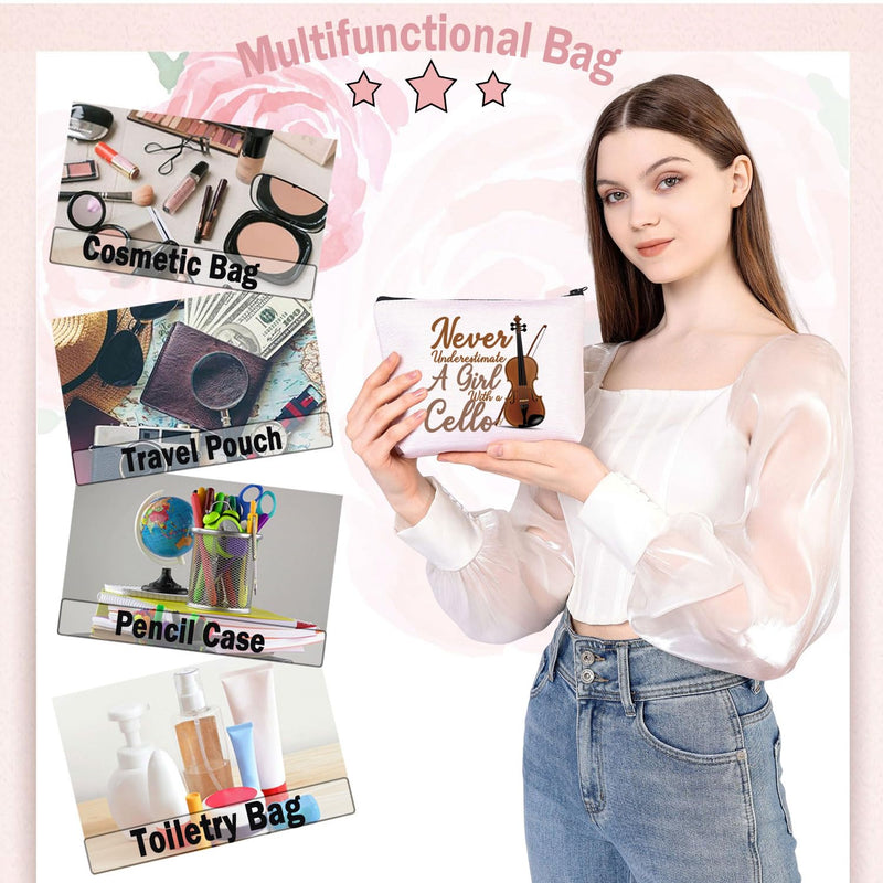 BDPWSS Cello Gift Cello Lover Cello Player Gift Cello Music Teacher Gift Never Underestimate A Girl With A Cello Makeup Bag (Girl With Cello) Girl With Cello