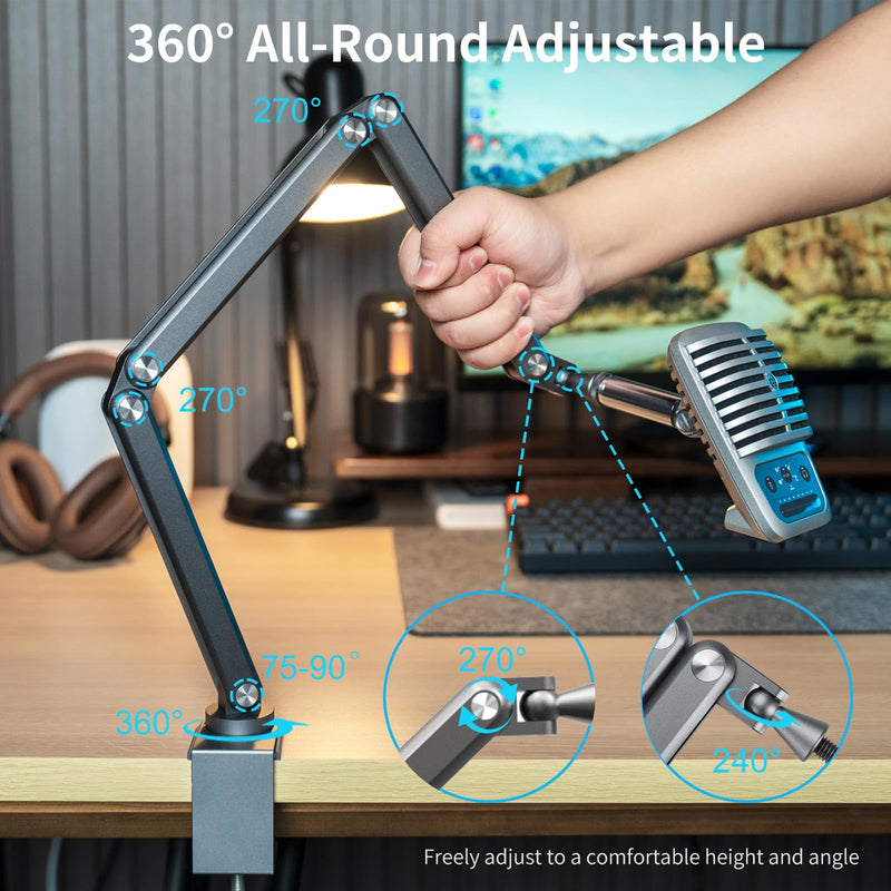 FULAIM Boom Mic Arm, 360° Rotatable, Adjustable & Foldable Desk Microphone Arm Stand, Sturdy Aluminum Alloy Mic Arm for Podcast, Video, Gaming, Meeting, Radio, Studio gray