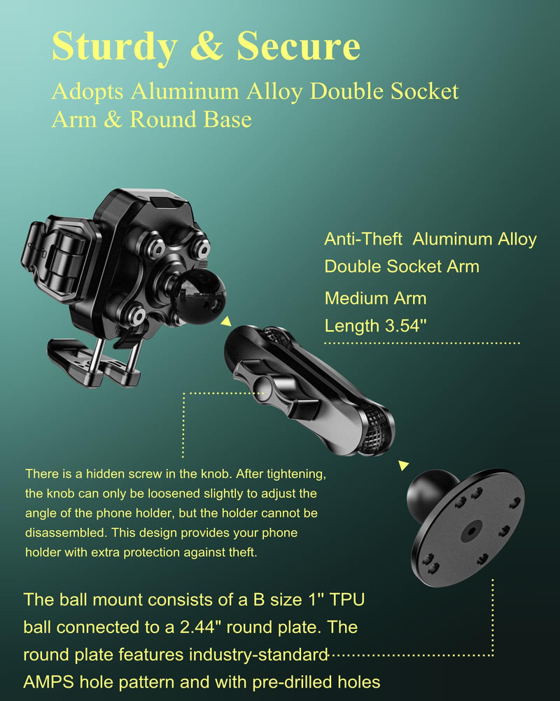 BRCOVAN Anti-Theft Phone Mount Holder with Vibration Dampener, 1s Locking | Don't Block Camera, with Aluminum Round Base & Medium Arm, for Car Boat Truck Motorcycle UTV, Fit 5.4-7.2'' Smartphones