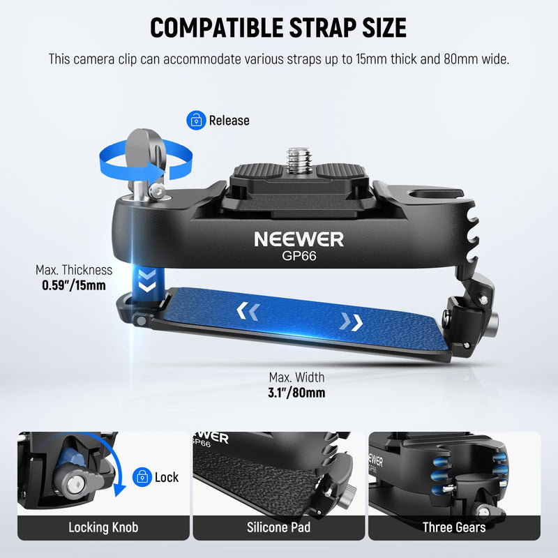 NEEWER Backpack Camera Clip Mount Adapter with Square QR Plate, Quick Release Camera Belt Clip Backpack Strap Mount Clamp Holder Compatible with Peak Design PD QR System Canon Nikon Sony DSLRs, GP66