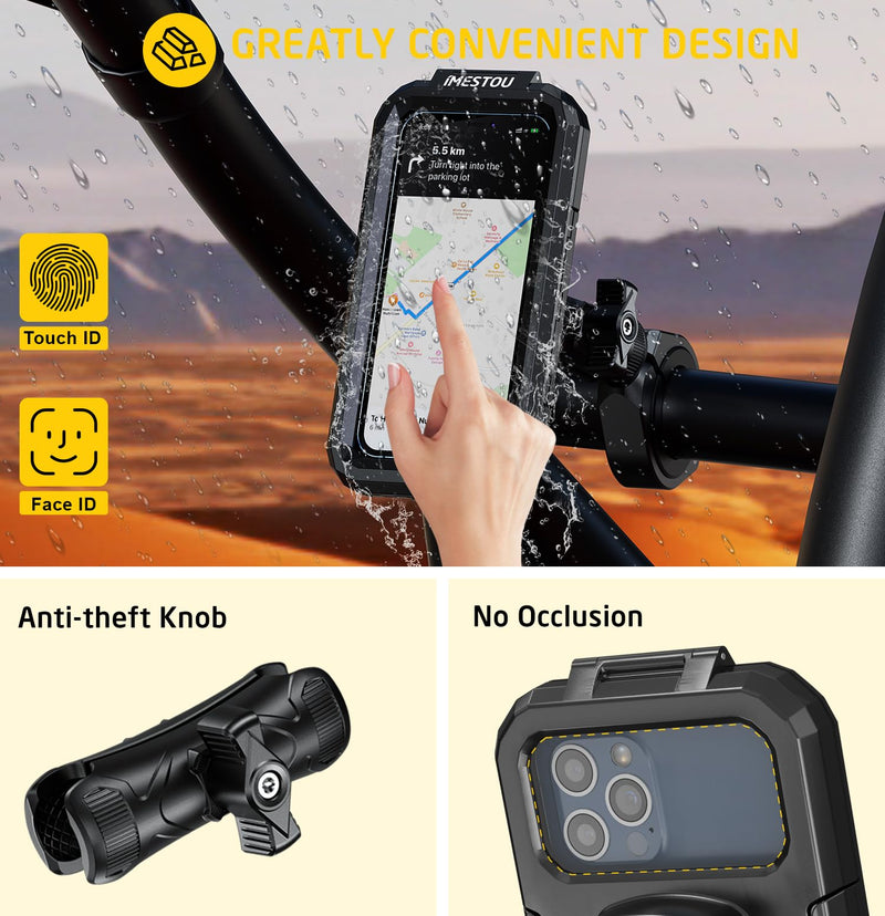 iMESTOU Waterproof ATV Phone Mount with Anti-Theft Design and 360° Rotation 1“ Ball Base Fits for ATV UTV 1.5''/1.75''/1.85''/2''/2.1'' Handlebars, Suitble for 3.5"-6.1" Smartphones (Size S) S for 3.5"-6.1" Phones