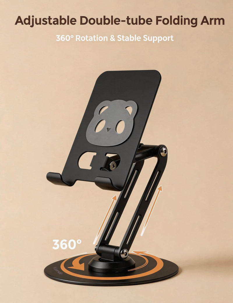 All-Metal 360° Rotating Desk Phone Stand for 4-8" Phones & Tablets | Dual-pole adjustable design, carbon steel base, anti-slip silicone pads, case-friendly, scratch resistant, heat dissipation black