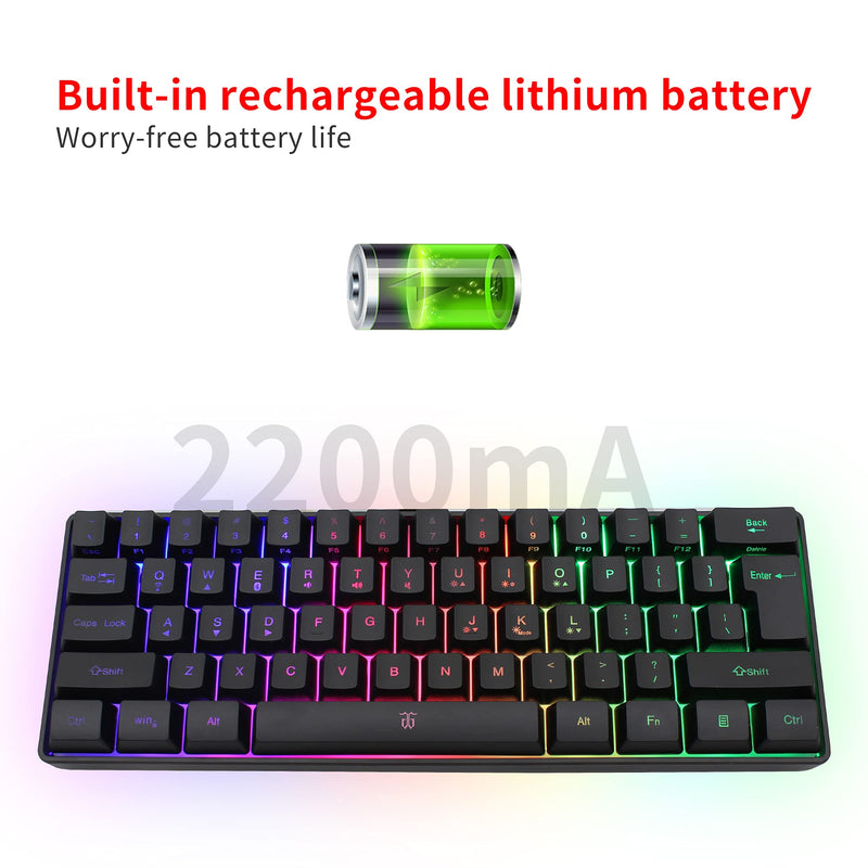 Snpurdiri 60% Wireless Gaming Keyboard,2200mAh Mini 61 Keys Mechanical Feeling Keyboard with Bluetooth 5.1&2.4G Wireless Dual Modes,Support Charging,Suitable for PC/Tablet/Smartphone Gamer,Black Black