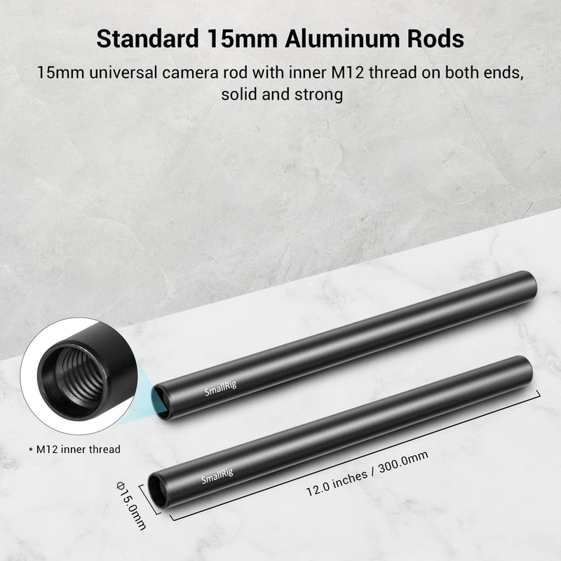 SmallRig 12 Inches (30 cm) Aluminum Alloy 15mm Rod with M12 Female Thread, Pack of 2-1053 12"