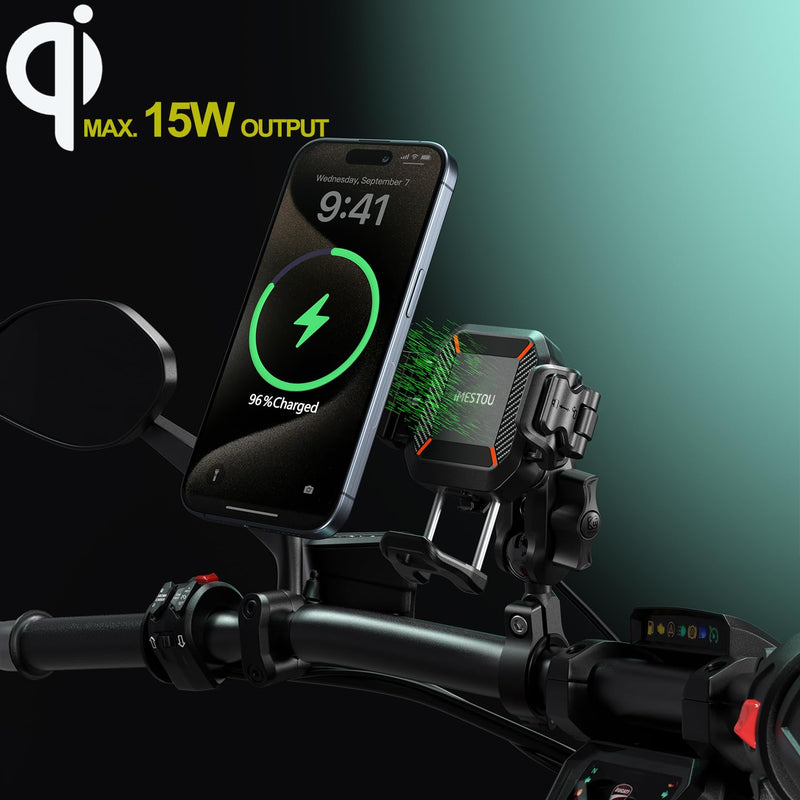 iMESTOU Motorcycle Wireless USB C Phone Mount Anti-Vibration, Anti-Theft 1" Ball Qi Phone Mount Suitable for 5.2"-7.2" Up to 15mm Thick Phones, Fits for 22-32mm Handlebars, Works with 12-24V Vehicles