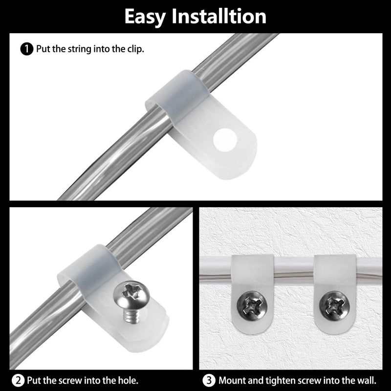 50 Pack 1/5 Inch Rope Light Clips with Stainless Steel Screws, P-Style Rope Light Mounting Clips, Outdoor Light Clips for String Lights, Christmas Light Clips Cable Wire Clamps 50 Pack