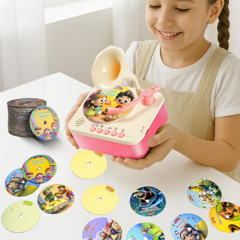 [AUSTRALIA] - Kids Phonograph Toddler Record Player， with 96 Learning Cards, Early Education Machine Record Player Music Box Storyteller pop Speakers, Gift for Boys and Girls Pink 