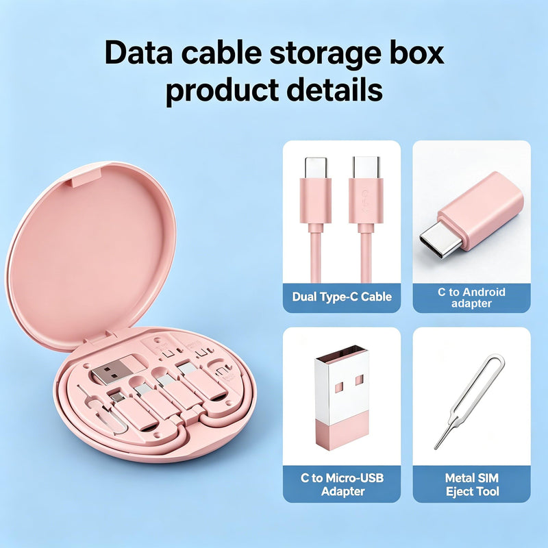 5 in 1 Cable Organizer Box Portable Storage Case for USB Cables Earphones Memory Cards SD Cards Power Bank Pink