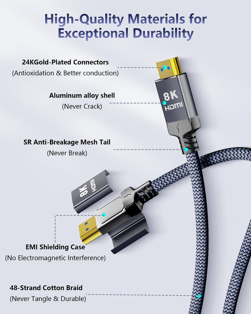 8K Fiber Optic HDMI Cable 33 Feet, Long HDMI 2.1 Cable High Speed Unidirectional 8K@60Hz HDMI Braided Cord Support eARC/Dynamic HDR/HDCP/3D,Compatible with PS5 PS4/HDTV/Xbox Series Grey 33FT
