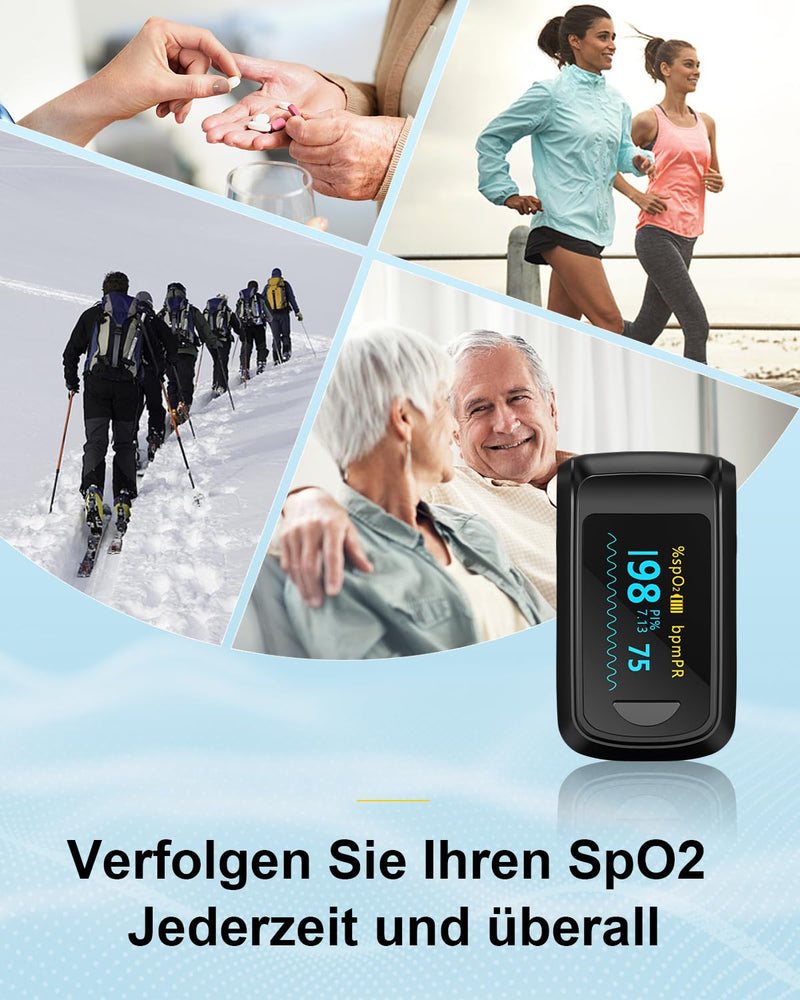HealthTree Blood Oxygen Monitor Finger for Adults Portable Oxygen Monitor with OLED Screen Includes Lanyard black