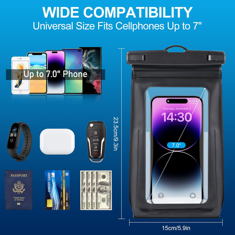 [AUSTRALIA] - 2 Pack Waterproof Phone Pouch Floating Large Waterproof Cellphone Dry Bag Case for iPhone 14 13 12 11 Pro Max XS XR X Galaxy S21 Samsung S22 Up to 7", PVC IPX8 Underwater HD Touch Phone Protector Black+Black 