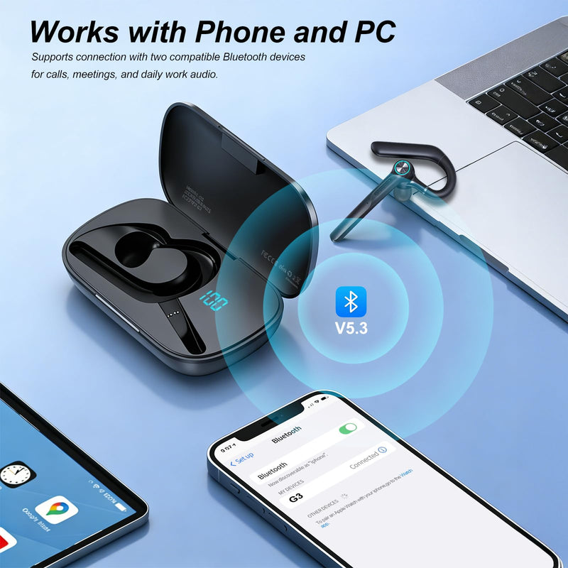 [AUSTRALIA] - ONE LIFE Bluetooth Headset with Microphone, Bluetooth Earpiece for Work, Wireless Headset with Mic, 15H Talk Time, 500mAh Charging Case, Bluetooth 5.3, LED Display for Office, Laptop, Phone, Driving Black 