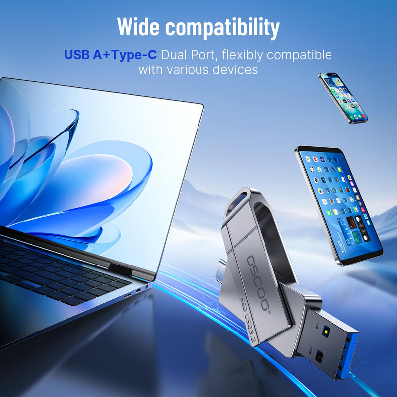 256GB USB SSD Drive, Up to 550MB/s Dual USB-A & C Thumb Drive | Compatible with Android, PC, Mac, iPhone 15/15/16, Backup, Dual-port, Zinc Alloy Housing, Swivel Design 256.0 GB 5Gbps