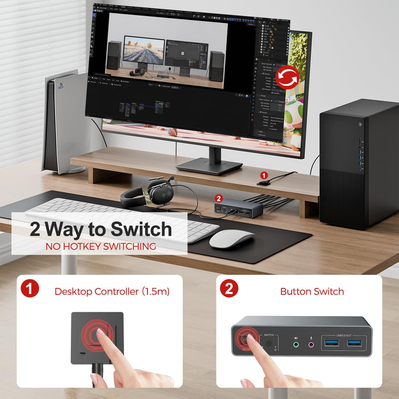Unitek KVM Switch 2 Monitors 2 Computers HDMI Dual Monitor 4K@60Hz | 2 PC 3 USB Ports for Keyboard Mouse Hard Drives Mic Headphone Jack DC 5V Adapter Controller Extended and Mirror Mode Aluminum Grey
