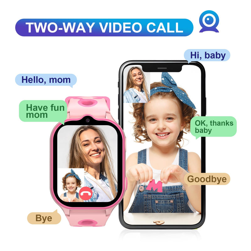 4G Kids Smart Watch with GPS Tracker, Smartwatches with Two Way Calling Video Calls SOS Class Mode Pedometer Alarm Clock Puzzle Games HD Touch Screen Safe Phone Watch for Kids Ages 4-12 Gifts (Pink) Pink