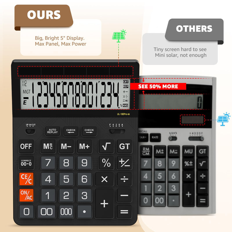 Calculators Desktop, 2026 Upgrade 14 Digit Large Size Calculator with 5-Inch LCD Display and Solar Power, Office Calculator for Desk (Black) Midnight Black