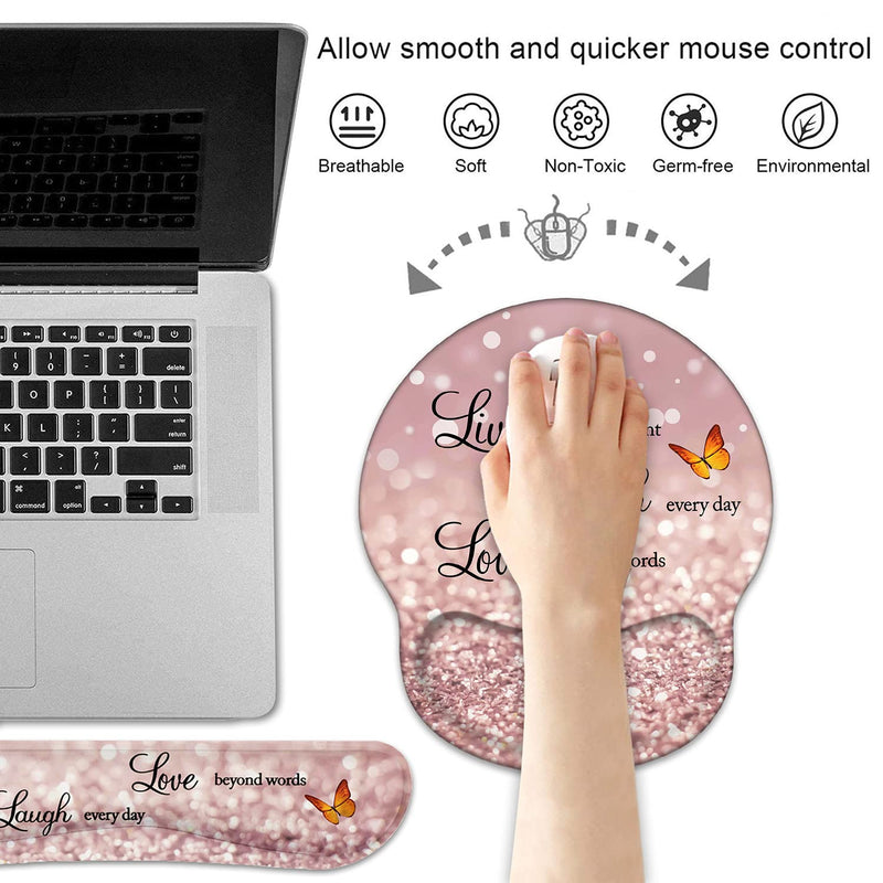 Keyboard Wrist Rest and Mouse Pad Wrist Support Set with Coasters, Non-Slip PU Base Ergonomic Gaming Mousepad for Home Office Working Studying Easy Typing & Pain Relief, Glitter Quote Live Laugh Love