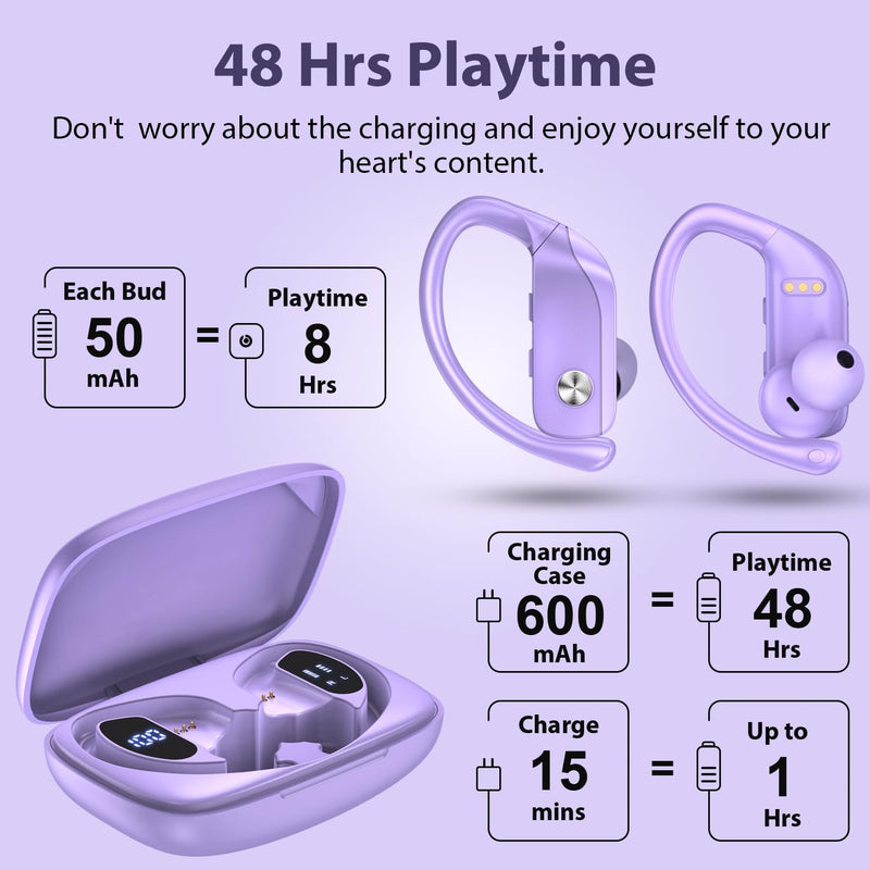 bmani 2 Sets Wireless Earbuds Bluetooth Headphones 48hrs Play Back Sport Earphones with LED Display Over-Ear Buds with Earhooks Built-in Mic Headset for Workout Green+Purple