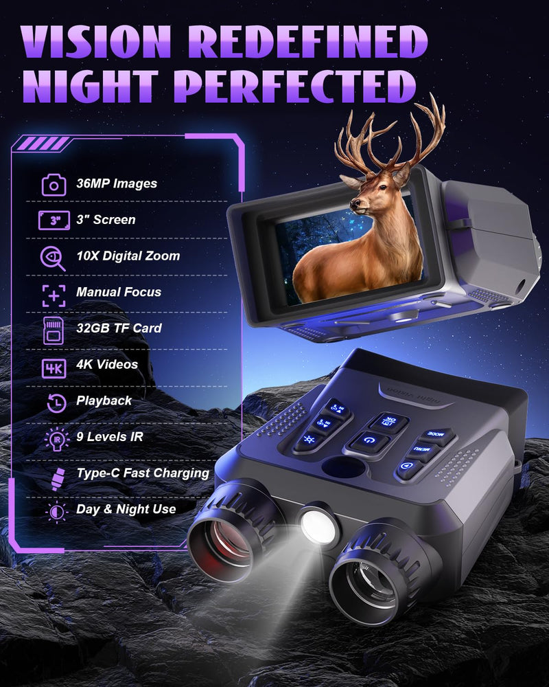 Night Vision Goggles, 4K Night Vision Binoculars for Adults High Powered, 3.0” HD Night Vision Camera Infrared Goggles Scope and Day for Camping & Outdoor with 32GB TF Card, 10X Digital Zoom & 9 IR Grey