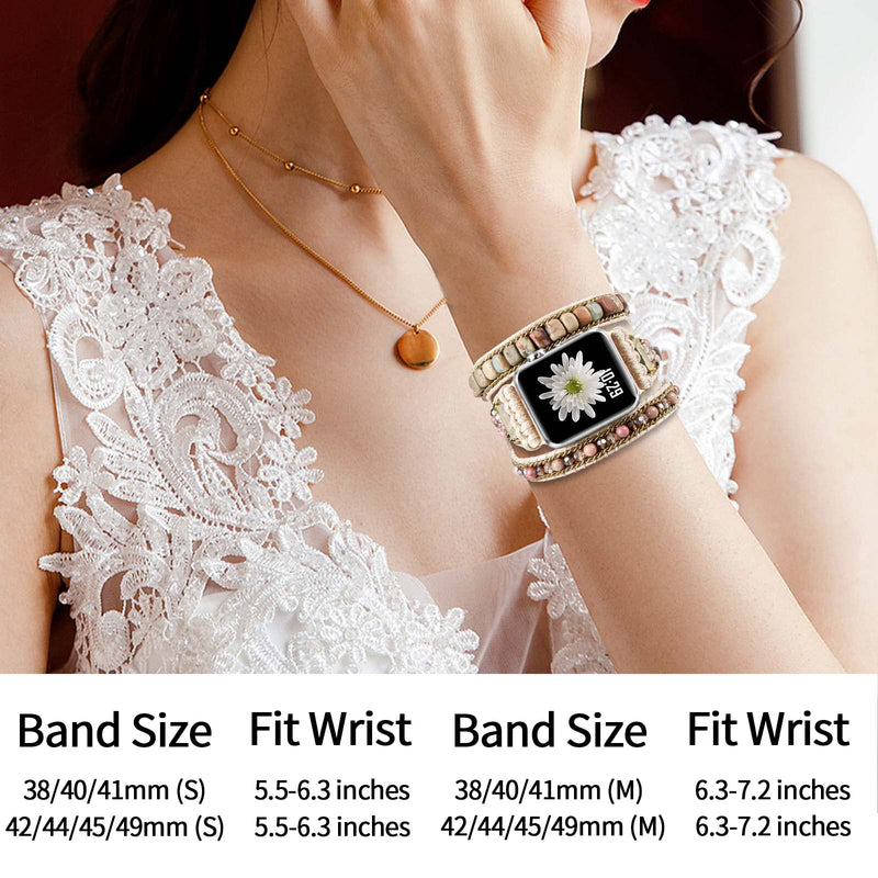 Handmade Boho Watch Band Compatible with Apple Watch 49MM 45MM 44MM 42MM 41MM 40MM 38MM Beaded Wrap Bracelet for iWatch Ultra, Series SE/9/8/7/6/5/4/3/2/1, Fancy Strap for Women (5.5"-6.3")-41/40/38MM/(42MM-Series 10) Jasper