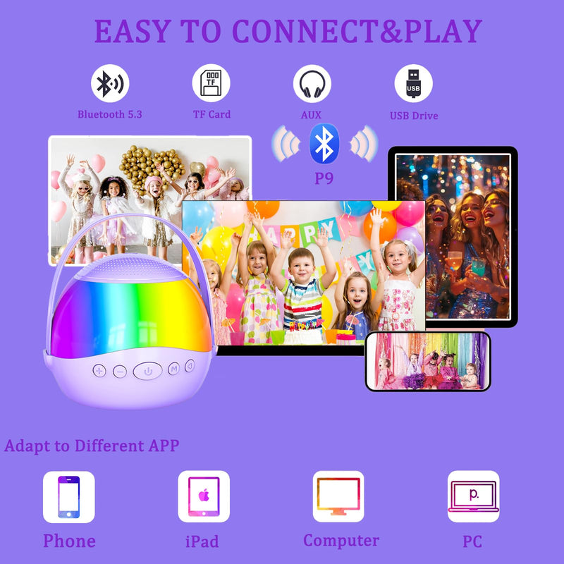 2025 New Mini Karaoke Machine Speaker for Kids Adults,Portable Bluetooth Speaker with 2 Wireless Mics,Colorful LED Lights, Home Travel & Party Play Gifts for Boys Girls (Purple) Purple