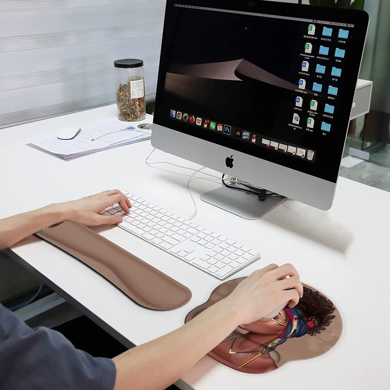 Ergonomic Mouse Pad Wrist Support Gel and Keyboard Wrist Rest Set for Laptop, Mac, Gaming and Office, Durable, Comfortable and Pain Relief + Coaster , African American Women Girl