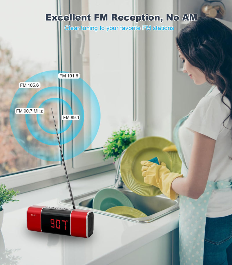 SEMIER Small Digital FM Radio with Bluetooth Speaker, Portable Rechargeable USB/SD Card MP3 Player Radio with Wireless Speaker and Headphone Jack for for Home/Outdoor Red