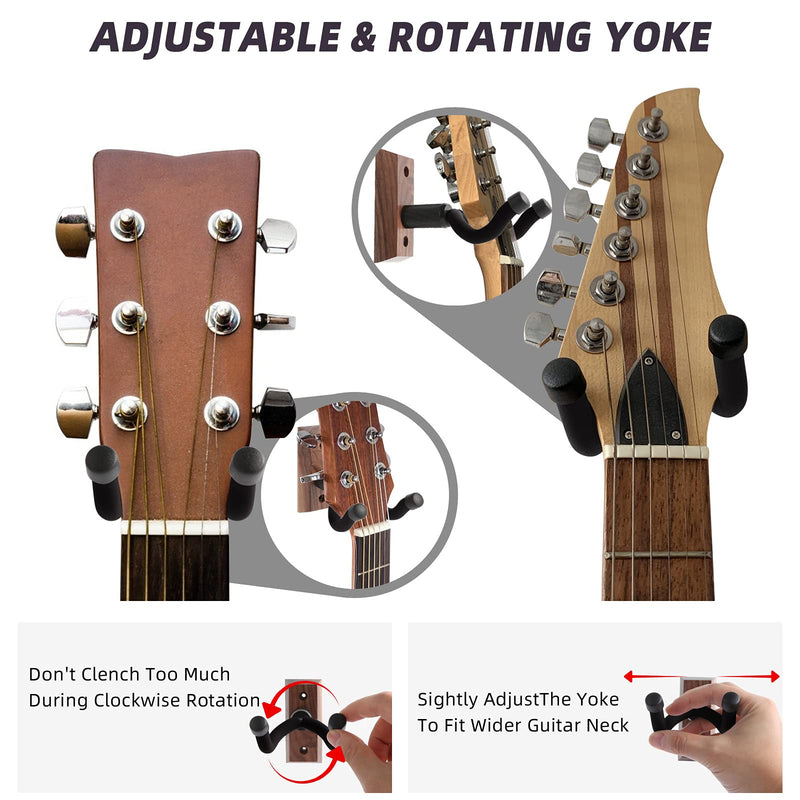Guitar Wall Mounts 4 Pack, Hangers Hooks Bracket Holders for Acoustic and Electric Guitars, Bass Banjo Mandolin, Black Walnut Wood Base V4-Black