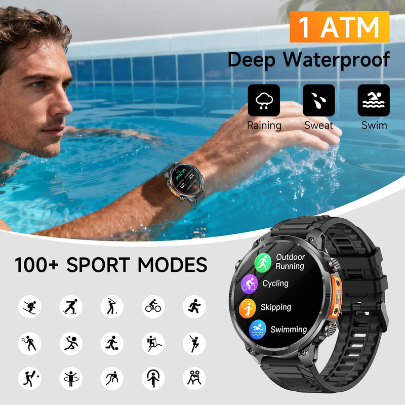2026 New Military Smart Watches Built-in GPS and Compass with Heart Rate/SpO2/Sleep Monitor, 1.7" HD Display Outdoor Smartwatch with 720MAH/Flashlight/Bluetooth/100+Sports Modes, Android iOS Black