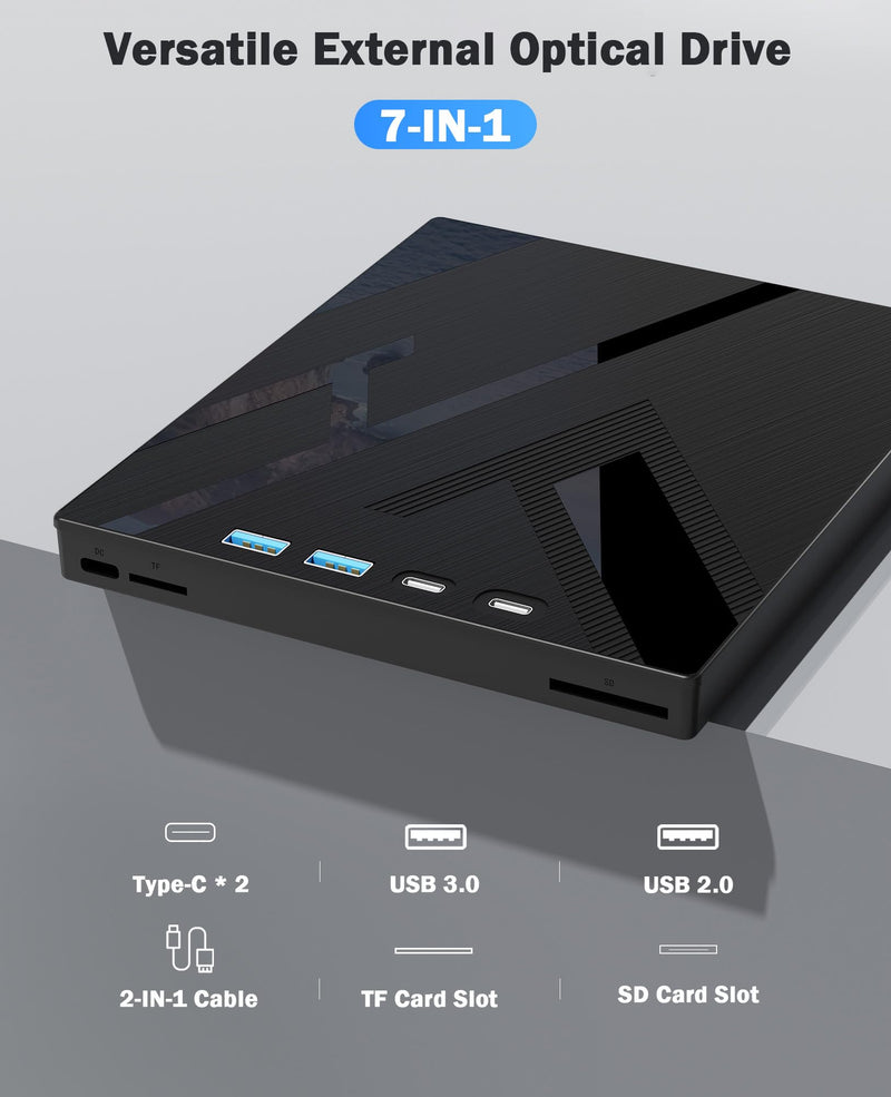 Wbacon External CD/DVD Drive for Laptop, 7 in 1 USB 3.0 Optical Disk Drive | Portable CD/DVD Player Burner Reader Writer, CD DVD +/-RW Disk Drive for Laptop Desktop PC Windows 11/10/8/7/XP Mac Linux