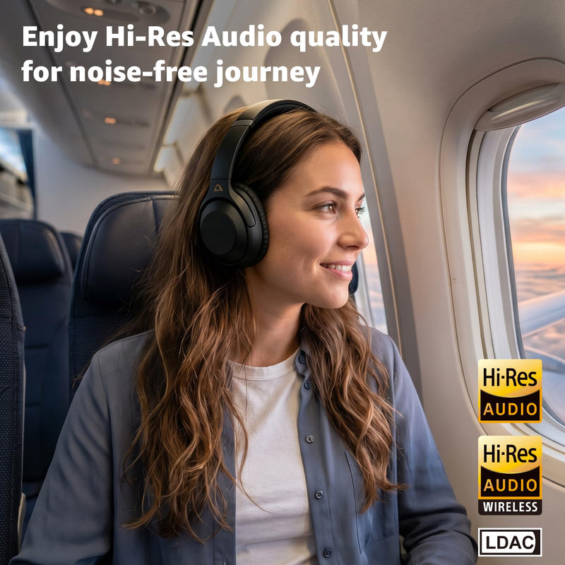 YMOO Noise Cancelling Headphones for Airplane, Wired Wireless ANC Headsets | Bluetooth 6.0 Over Ear Travel Headphones, LDAC Hi-Res Audio, 100H Playtime, Custom EQ via App Black