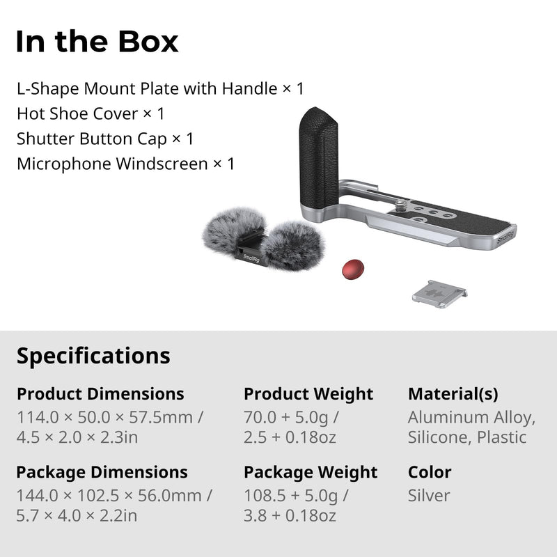 SMALLRIG X-M5 Handgrip L-Shape Grip for FUJIFILM X-M5, Built-in Quick Release Plate for Arca, Lightweight Silicone Side Handle, Includes Windshield with Cold Shoe Adapter (Sliver) - 4875 Siliver