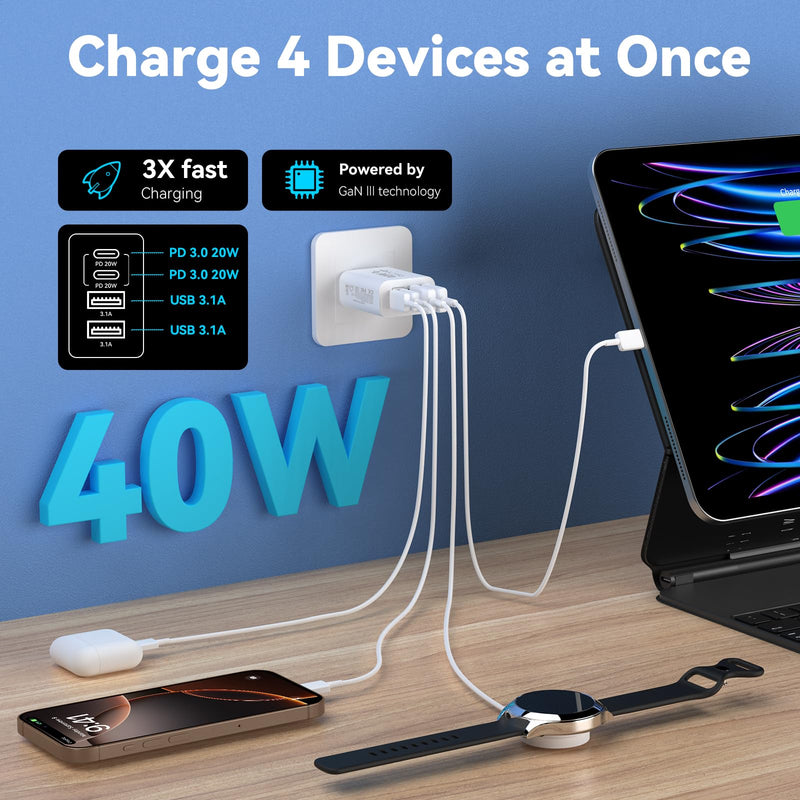 USB C Charger Block, 2Pack 40W 4 Ports Type C Charger Fast Phone Charging Cubes PD USBC Wall Plug+QC 3.0 USB A Charger Power Brick Box for iPhone 16/15/14/13/12/11 Pro Max, iPad,Samsung Galaxy,Pixel White