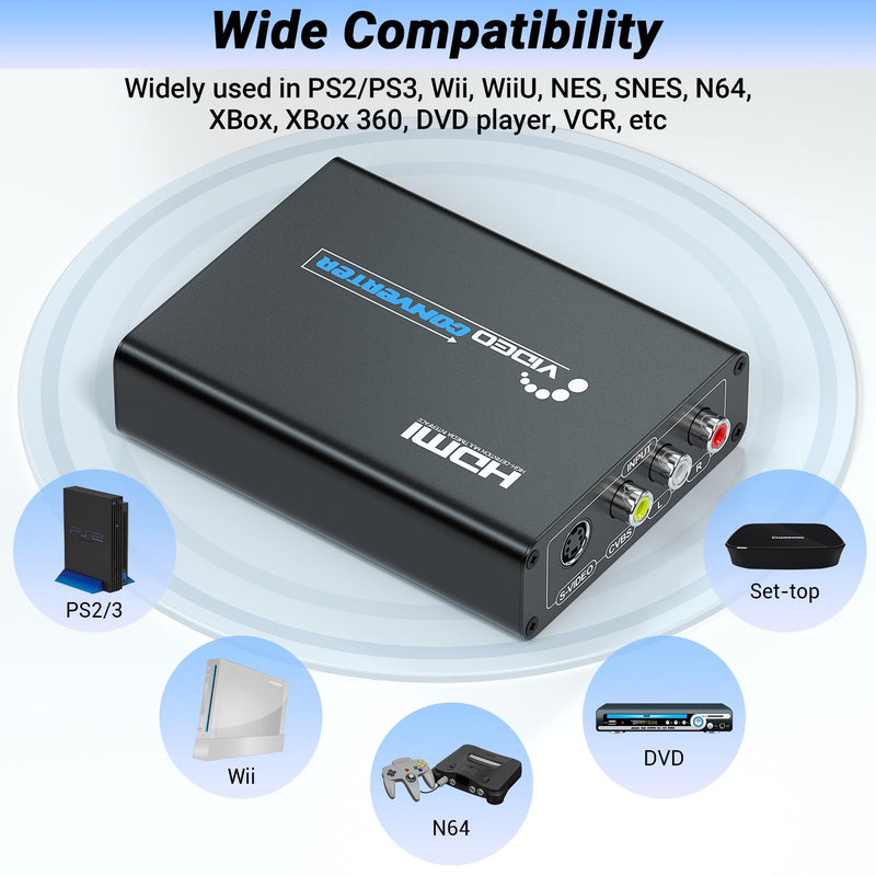 RCA Svideo to HDMI Converter with RCA and Svideo Cables, AV Svideo HDMI Adapter, Composite AV RCA to HDMI Converter for PS1/PS2/Wii/NGC/DVD/VHS/VCR