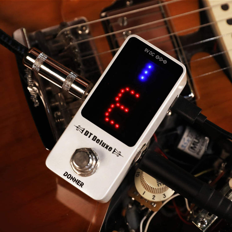 Donner Tuner Pedal, DT Deluxe Chromatic Guitar Tuner Pedal for Electric Guitar and Bass ± 1 Cent USB or 9V Power Supply True Bypass White Tuner