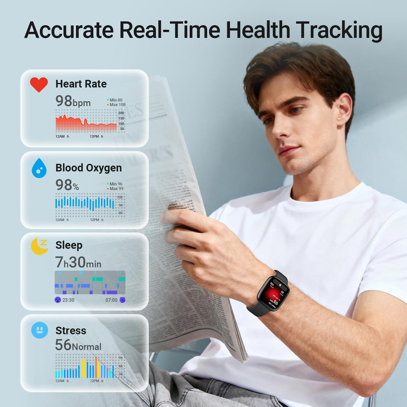 Fitpolo Smart Watch, 1.85" AMOLED Fitness Tracker with Bluetooth Call, Heart Rate/Sleep/SPO₂ Monitor, 100+ Sports Modes, 3ATM Waterproof Smartwatch for Android/iPhone/Samsung, Includes 2 Bands Black